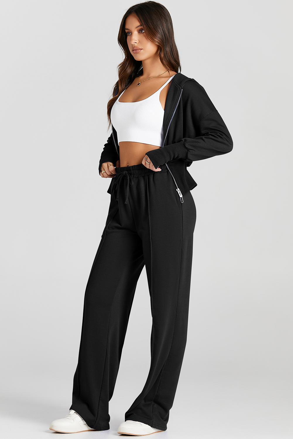 Gray Double Zipper Hooded Jacket and Sweatpants Active Set