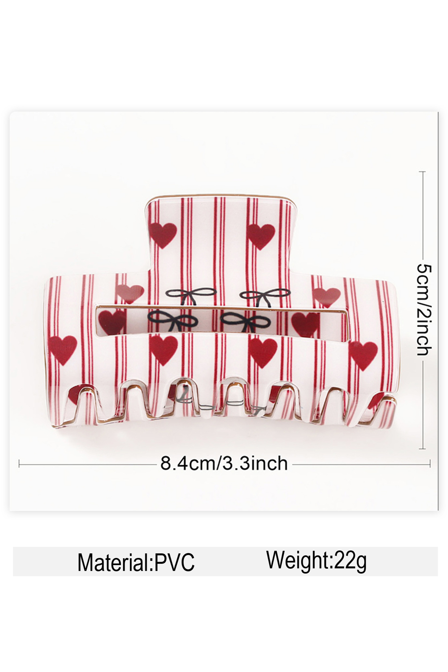 Fiery Red Striped Heart Contrast Bow Printed Rectangle Hair Claw Clip