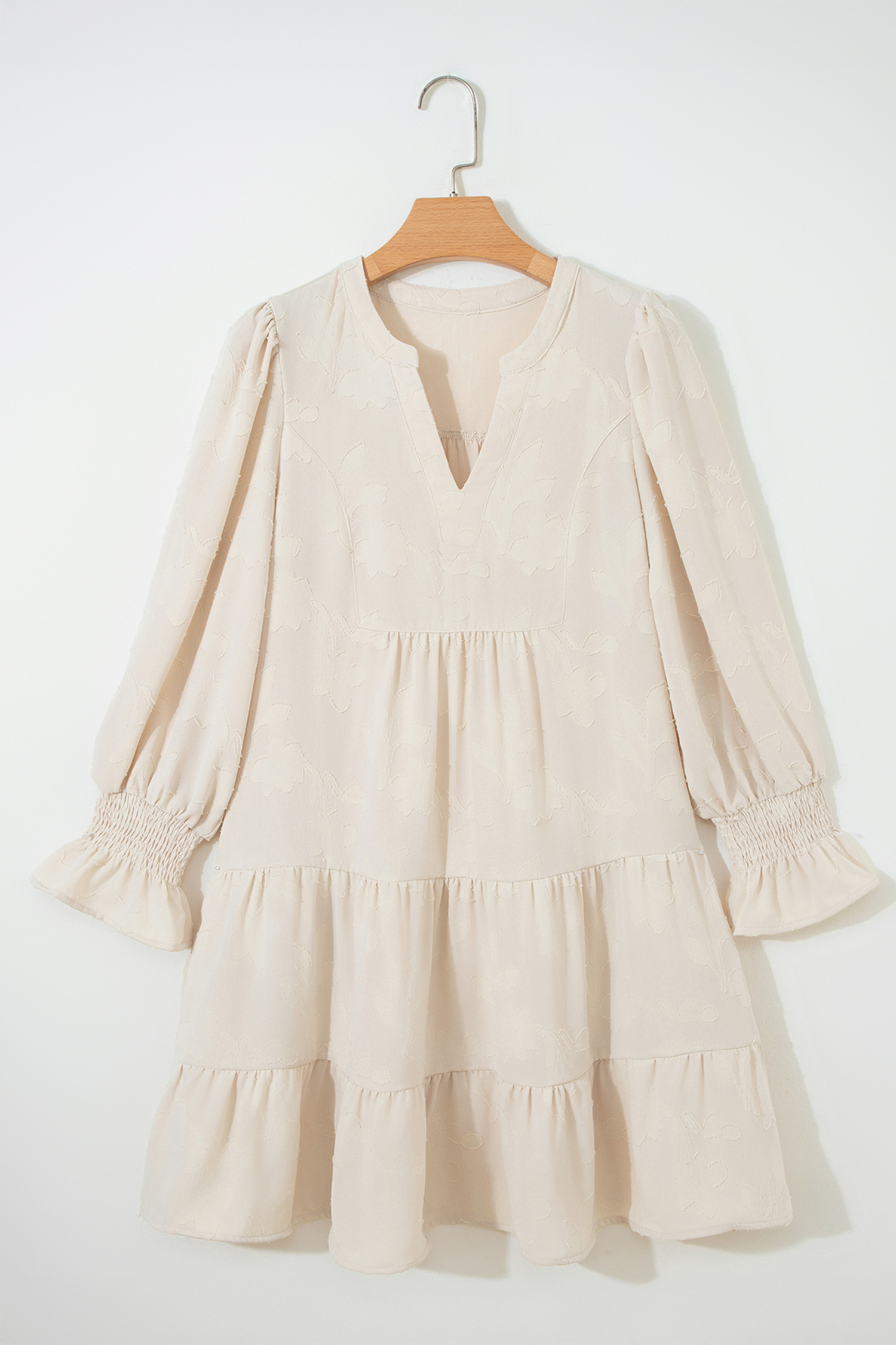 Parchment Long Sleeve Notched Neck Jacquard Tiered Mini Dress