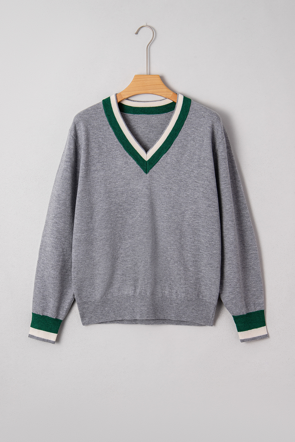 Black Contrast Striped Trim V Neck Varsity Sweater