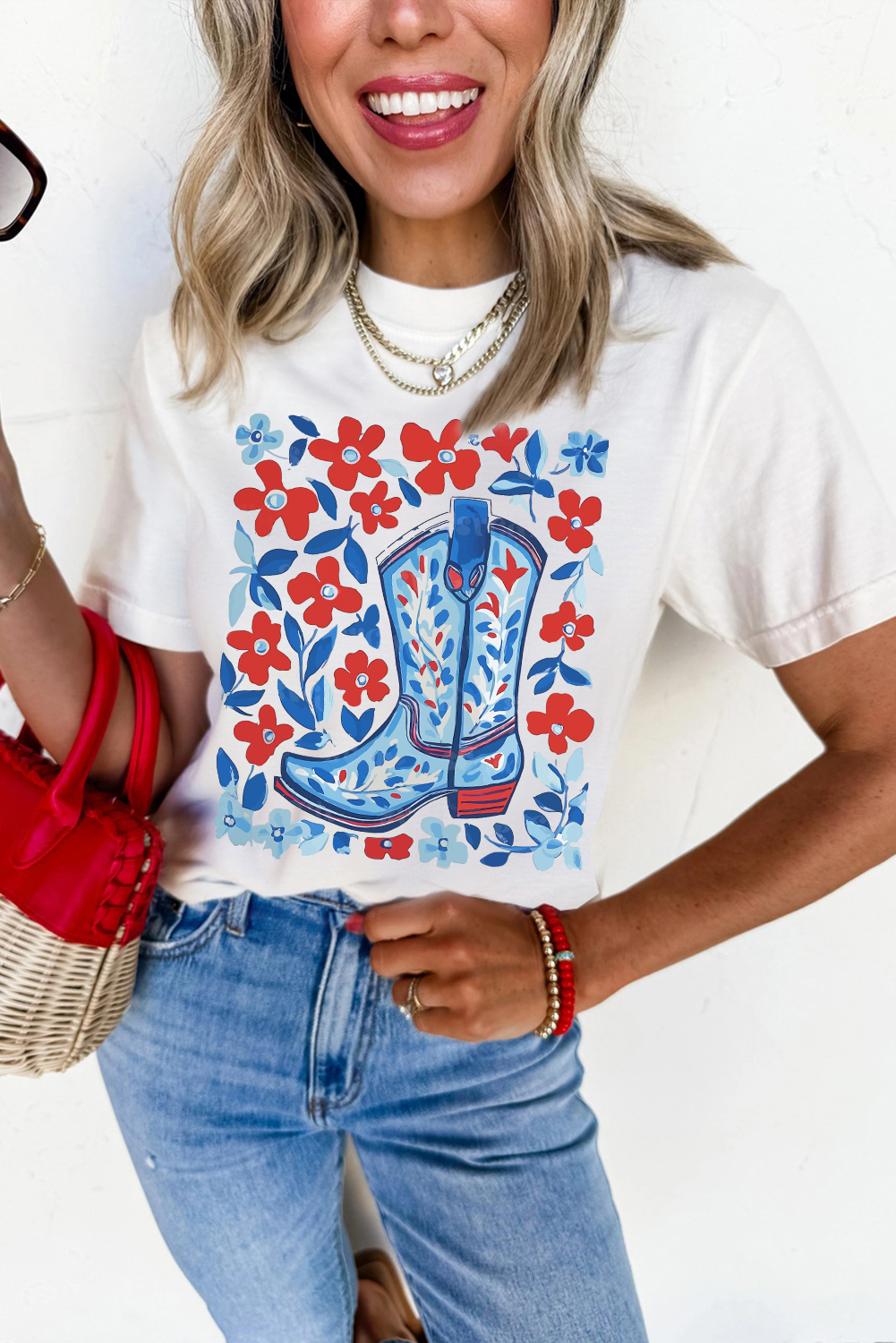 White Floral Western Boots Printed Cotton Blend T Shirt