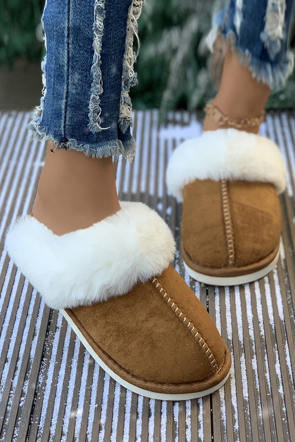 Khaki Cut and Sew Faux Suede Plush Lined Slippers