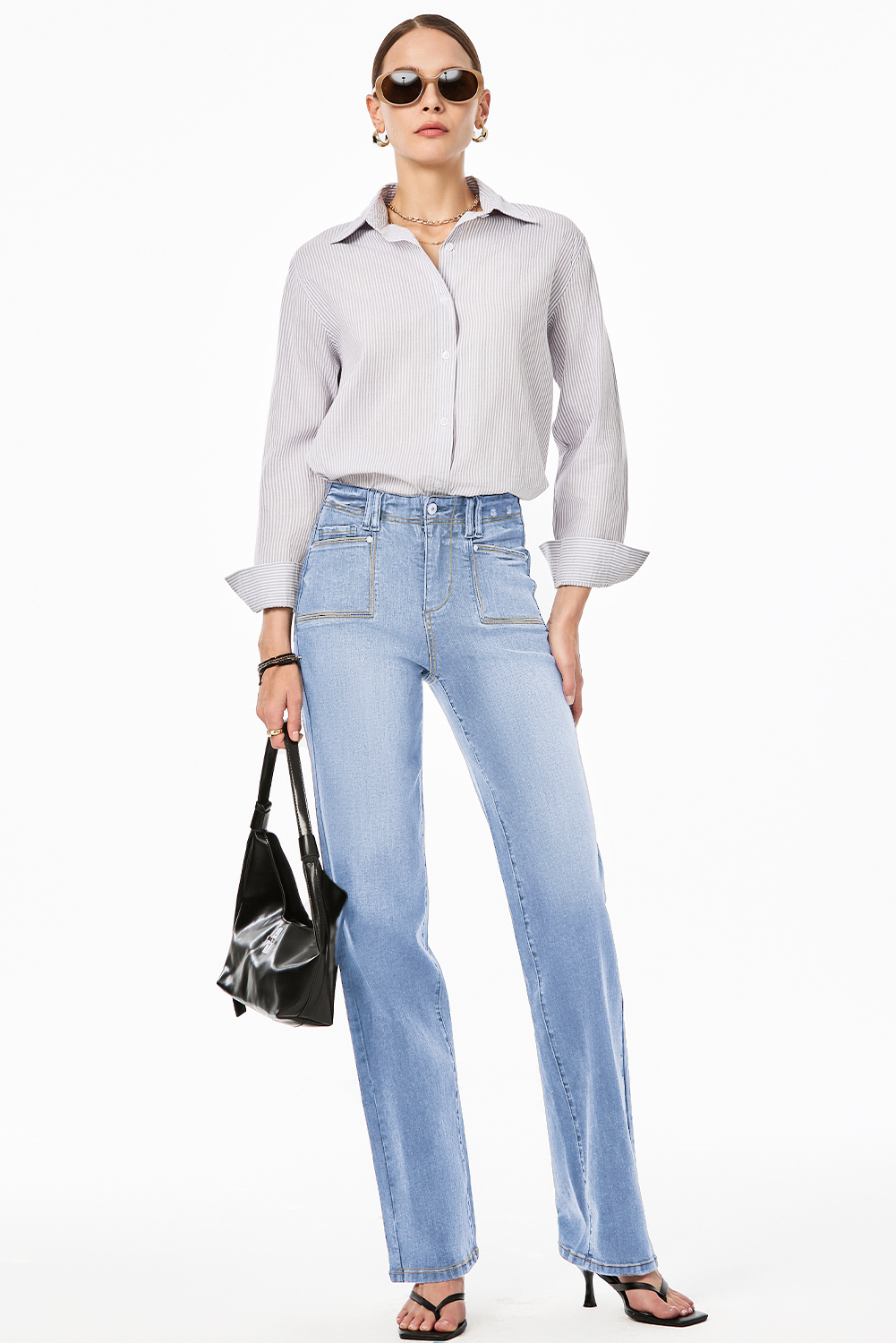 Beau Blue Loose Straight Leg Cropped High Waist Jeans