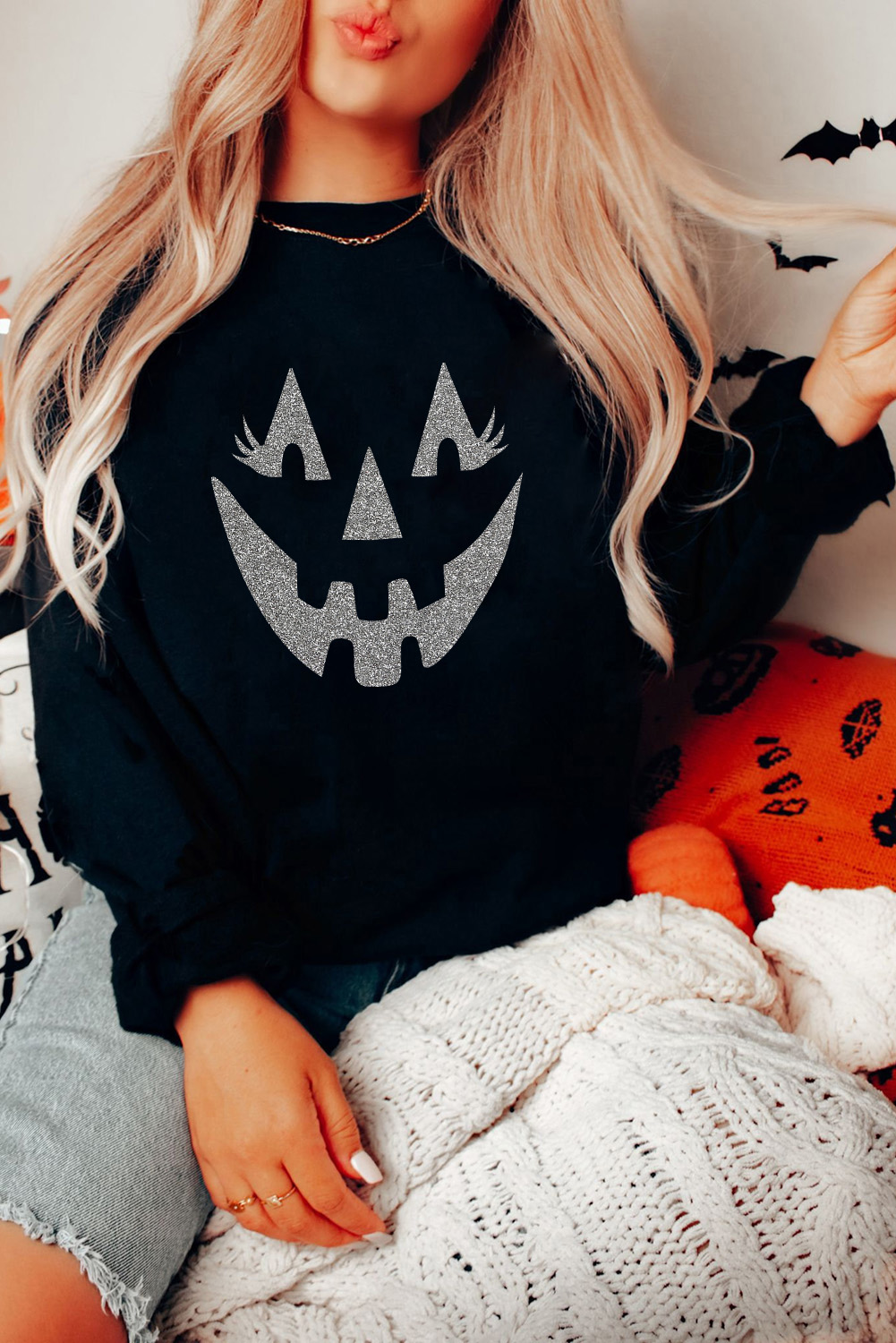 Black Spooky Face Printed Halloween Fashion Baggy Sweatshirt
