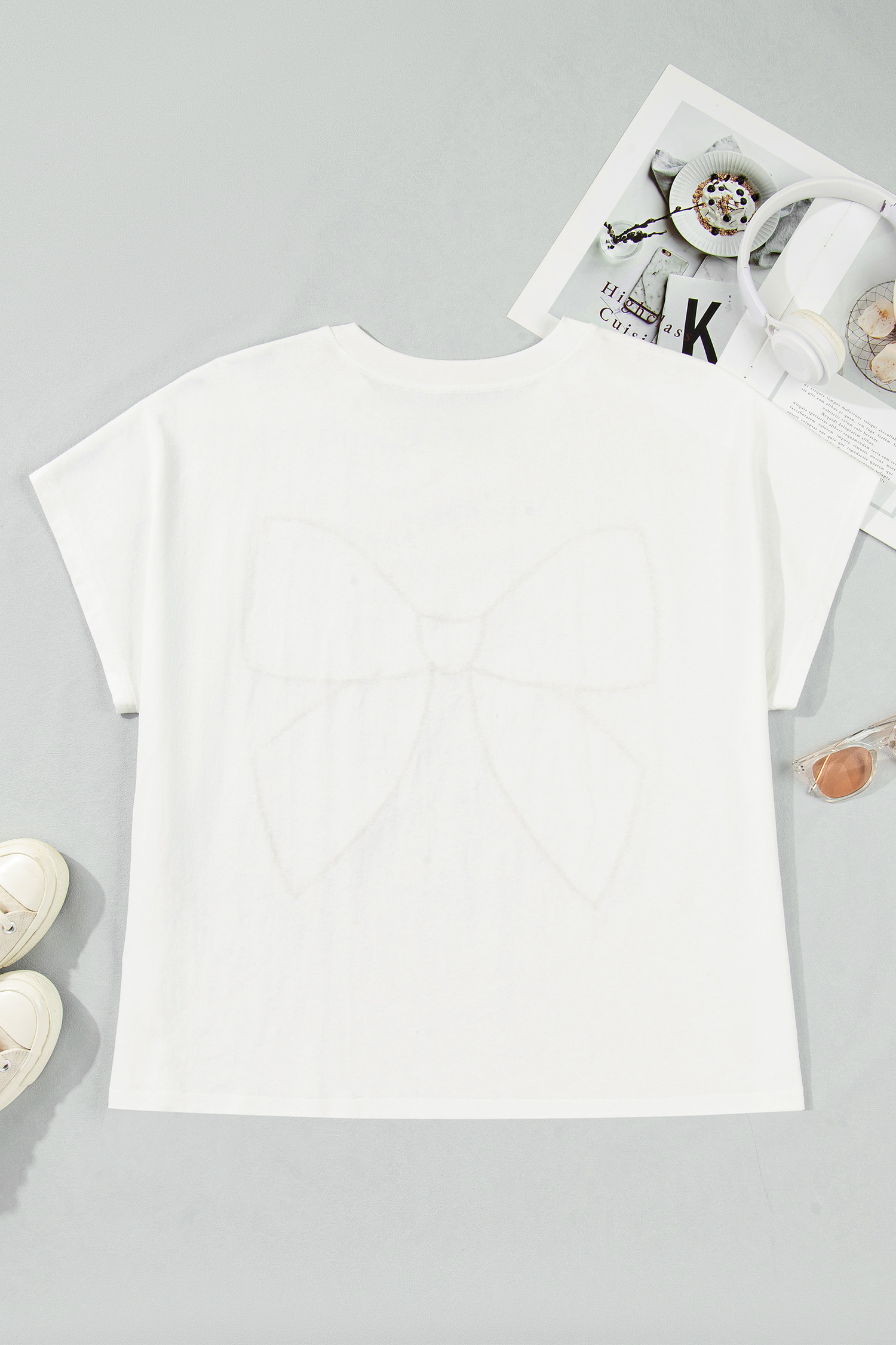 Pink Leopard Bow Embroidered Cotton Round Neck T Shirt