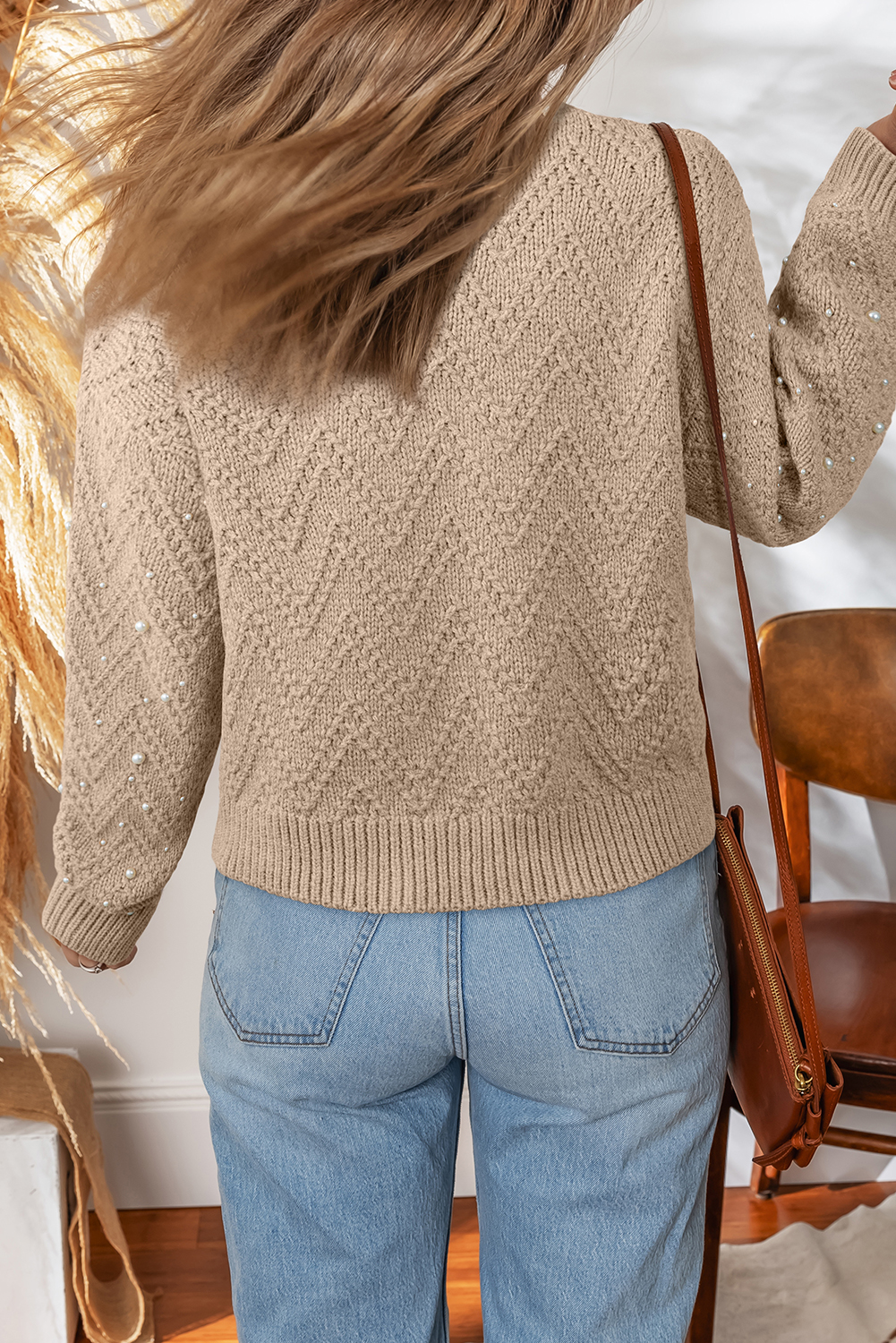 Smoke Gray Pearl Embellished Button Front V Neck Sweater Cardigan