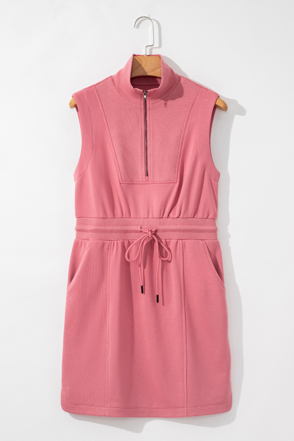 Black French Terry Zipped Collar Sleeveless Drawstring Waist Mini Dress