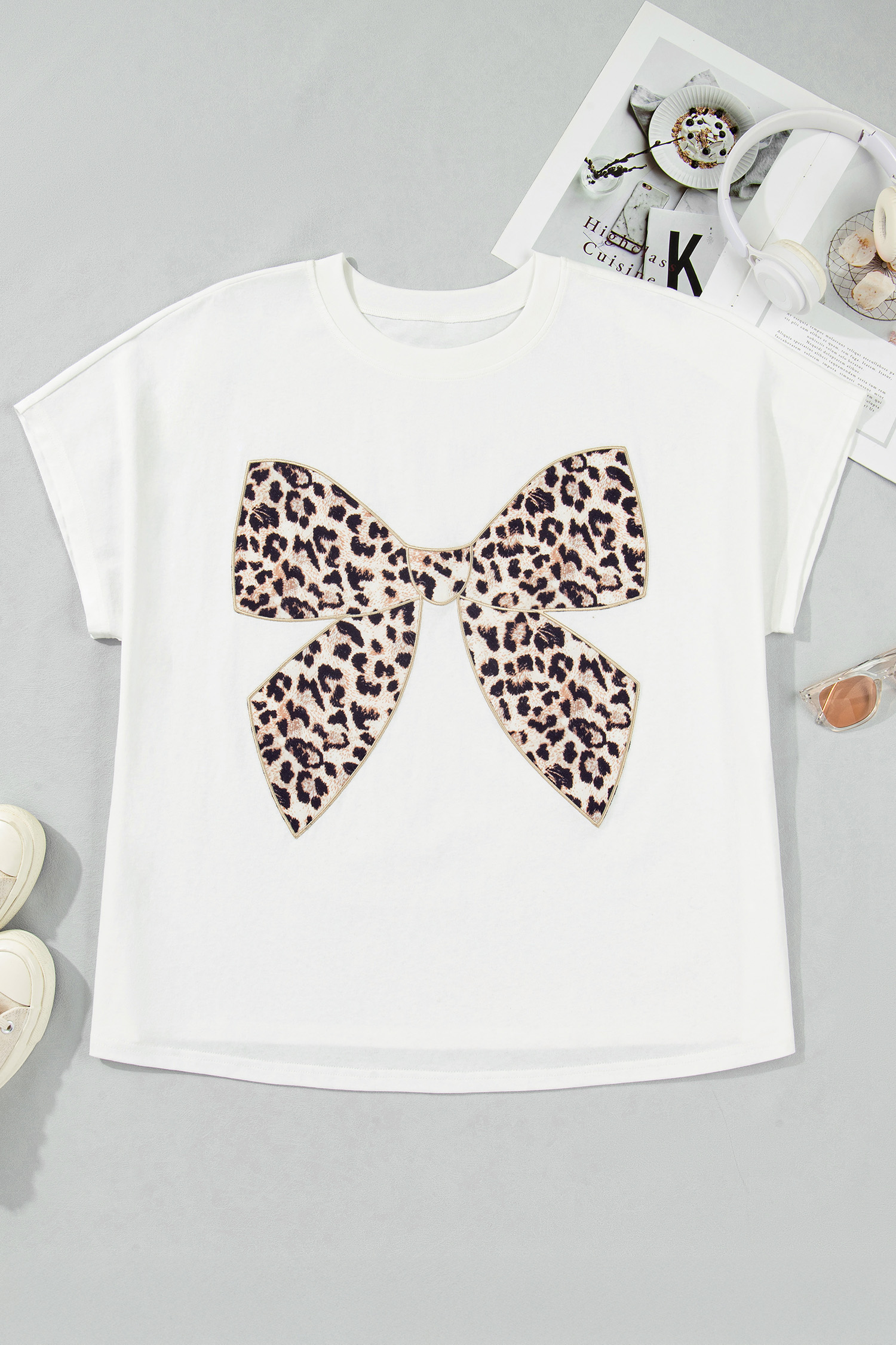 Pink Leopard Bow Embroidered Cotton Round Neck T Shirt