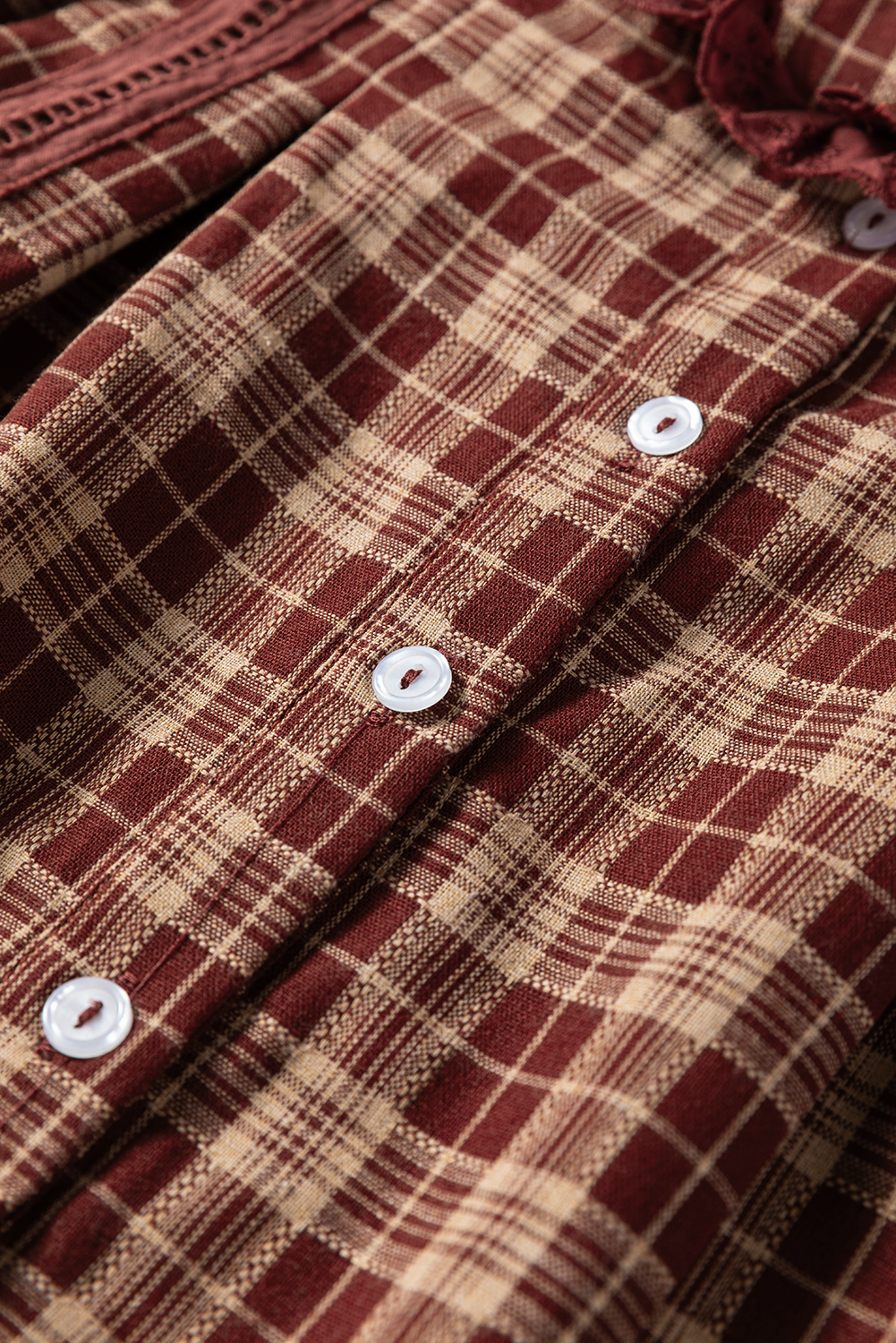 Red Dahlia Plaid Eyelet Lace Trim Button Down Loose Long Sleeve Shirt