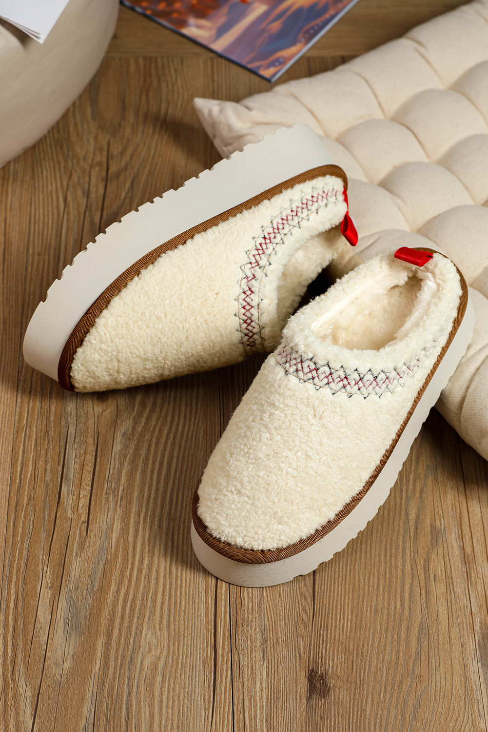 Oatmeal Embroidered Sherpa Plush Thick Sole Snow Boots