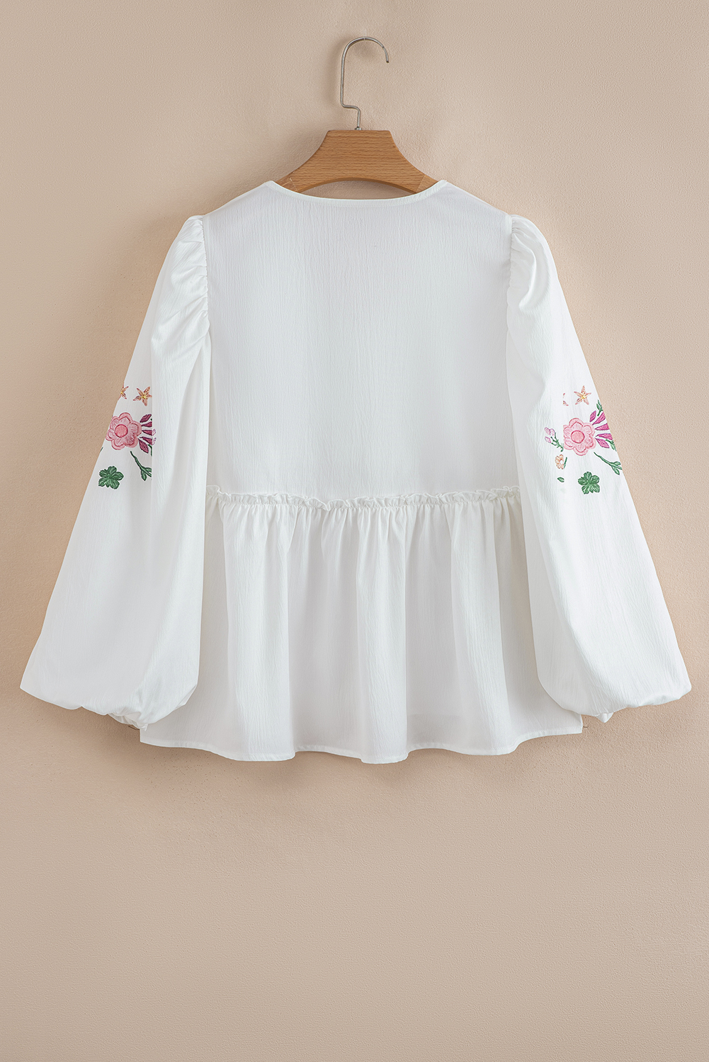 White Flower Print Lace-up V Neck Babydoll Blouse