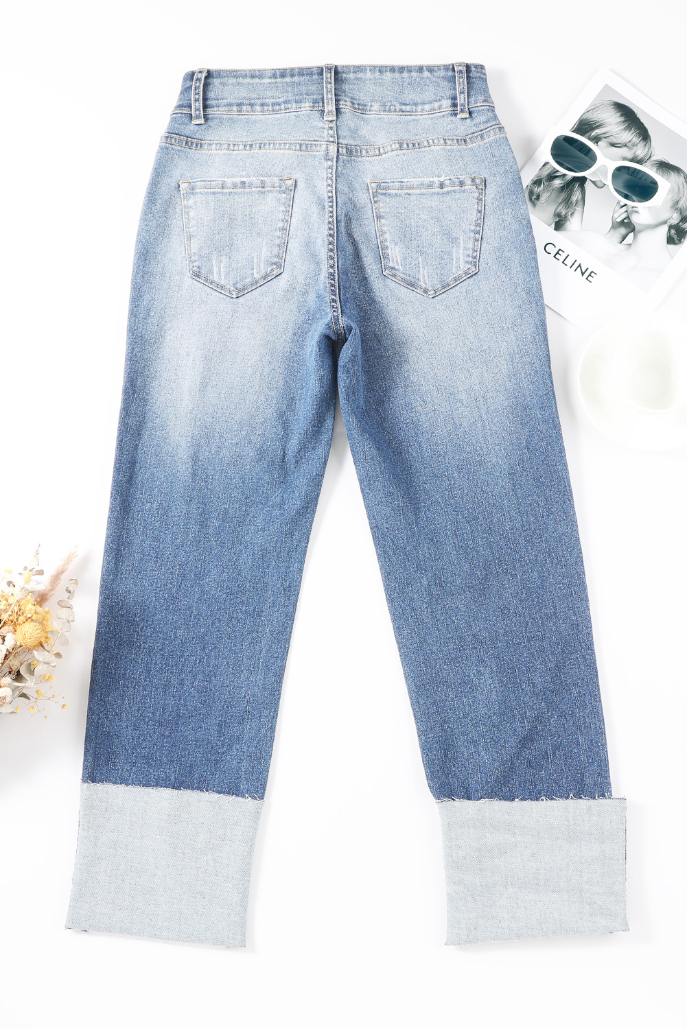 High Waist Distressed Straight Leg Jeans