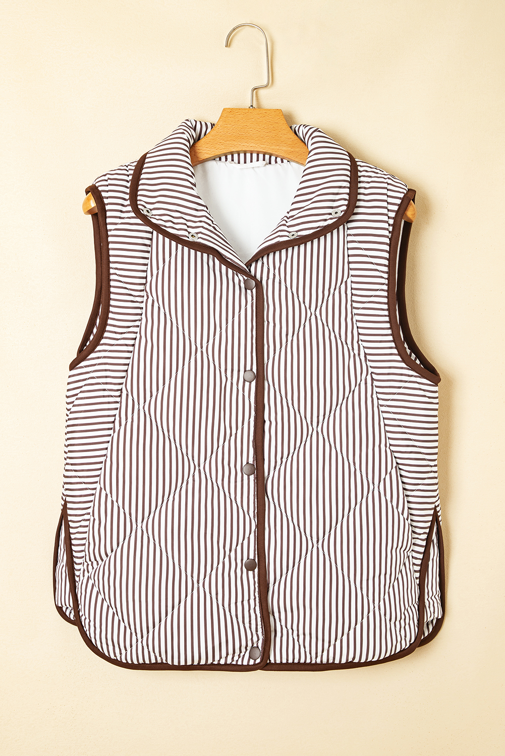 Black Stripe Contrast Trim Snap Button Collared Winter Vest