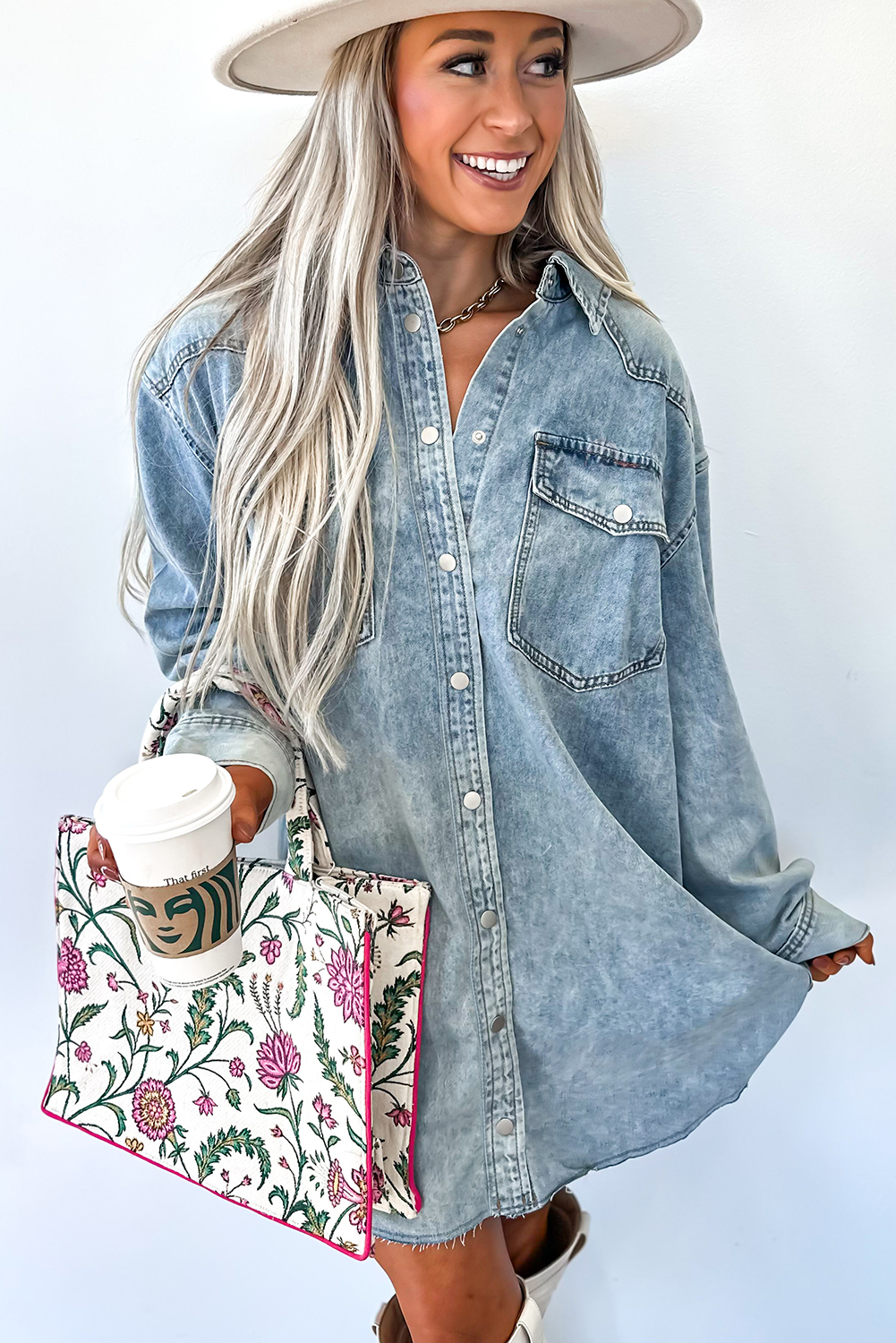 Blue Beau Chest Pocket Raw Hem Denim Loose Shirt Dress