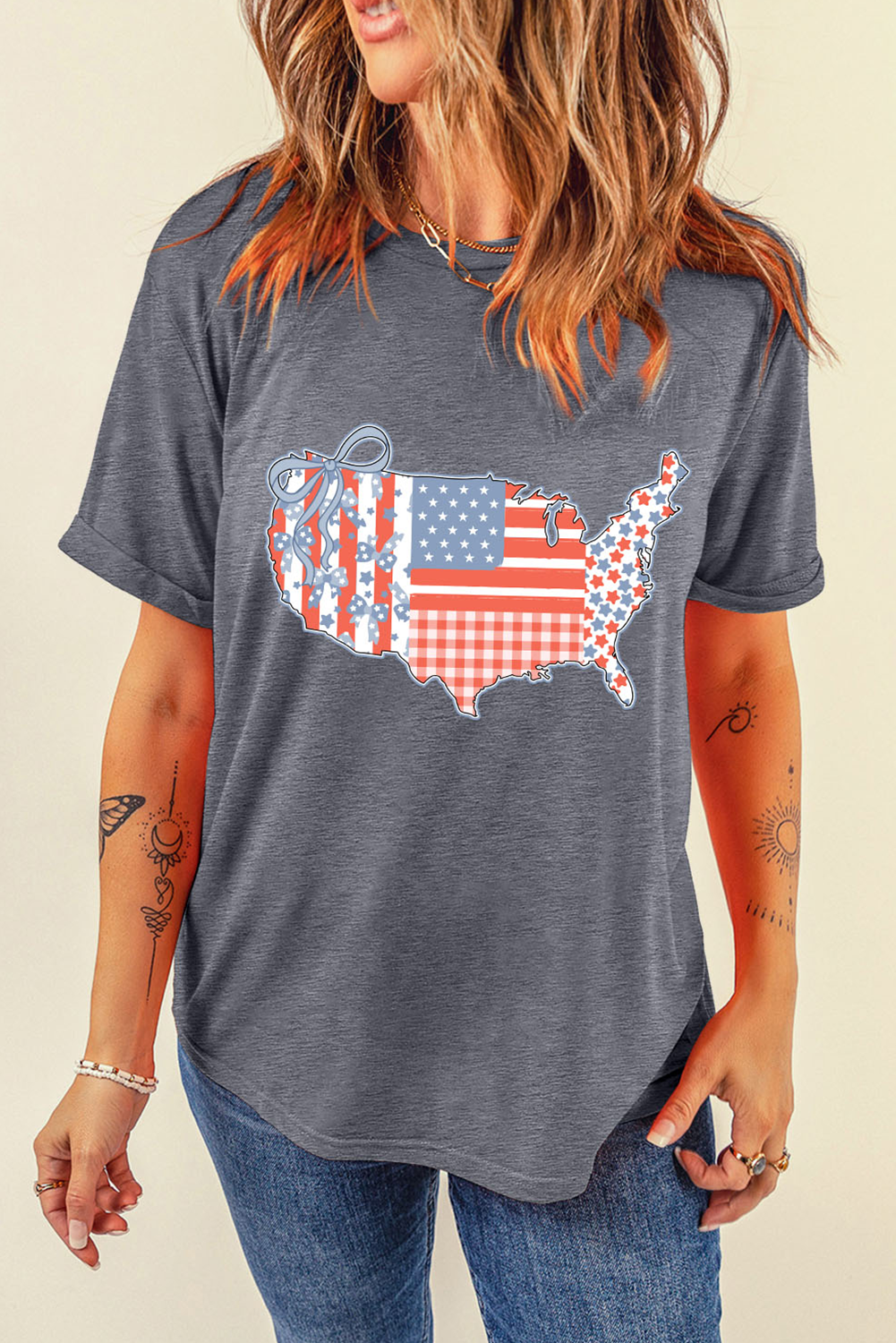 Gray American Flag Bow Map Graphic Tee