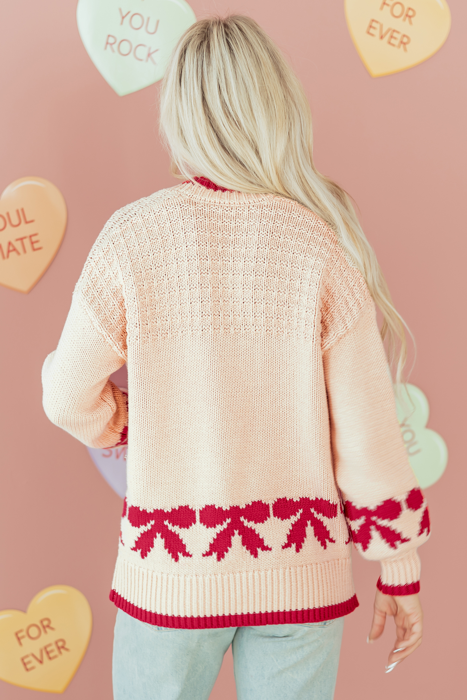 Apricot Bow Pattern Textured Open Front Baggy Cardigan
