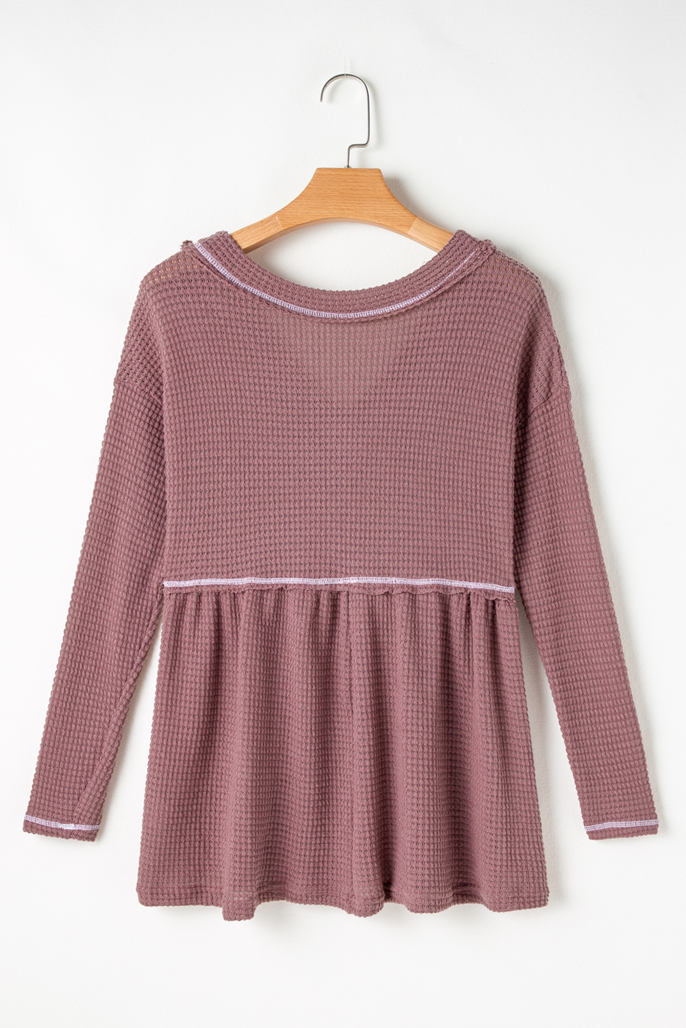 Pink Waffle Knit V Neck Long Sleeve Babydoll Top