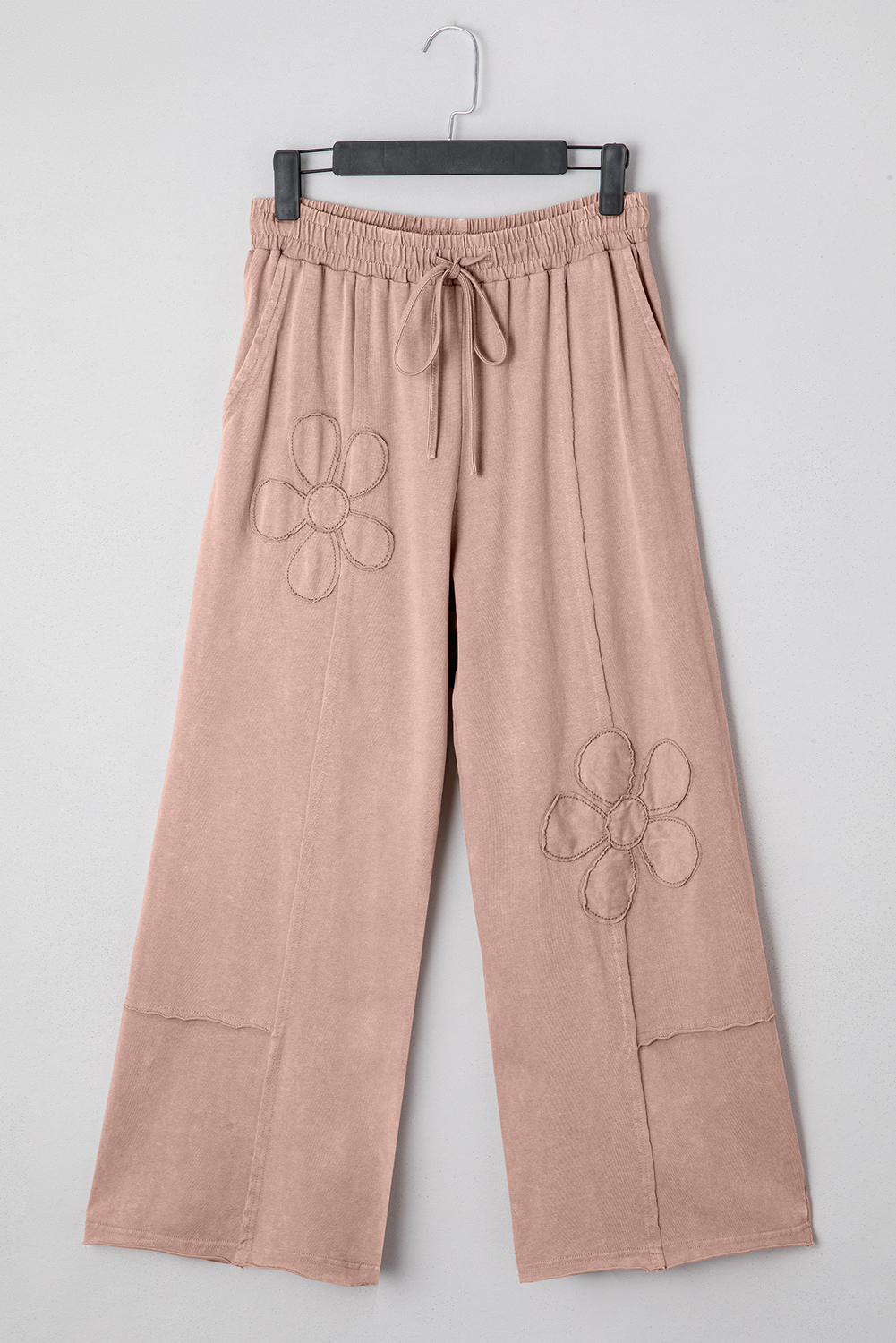 Light Grey Flower Patch Mineral Washed Terry Knit Cropped Wide Leg Pants