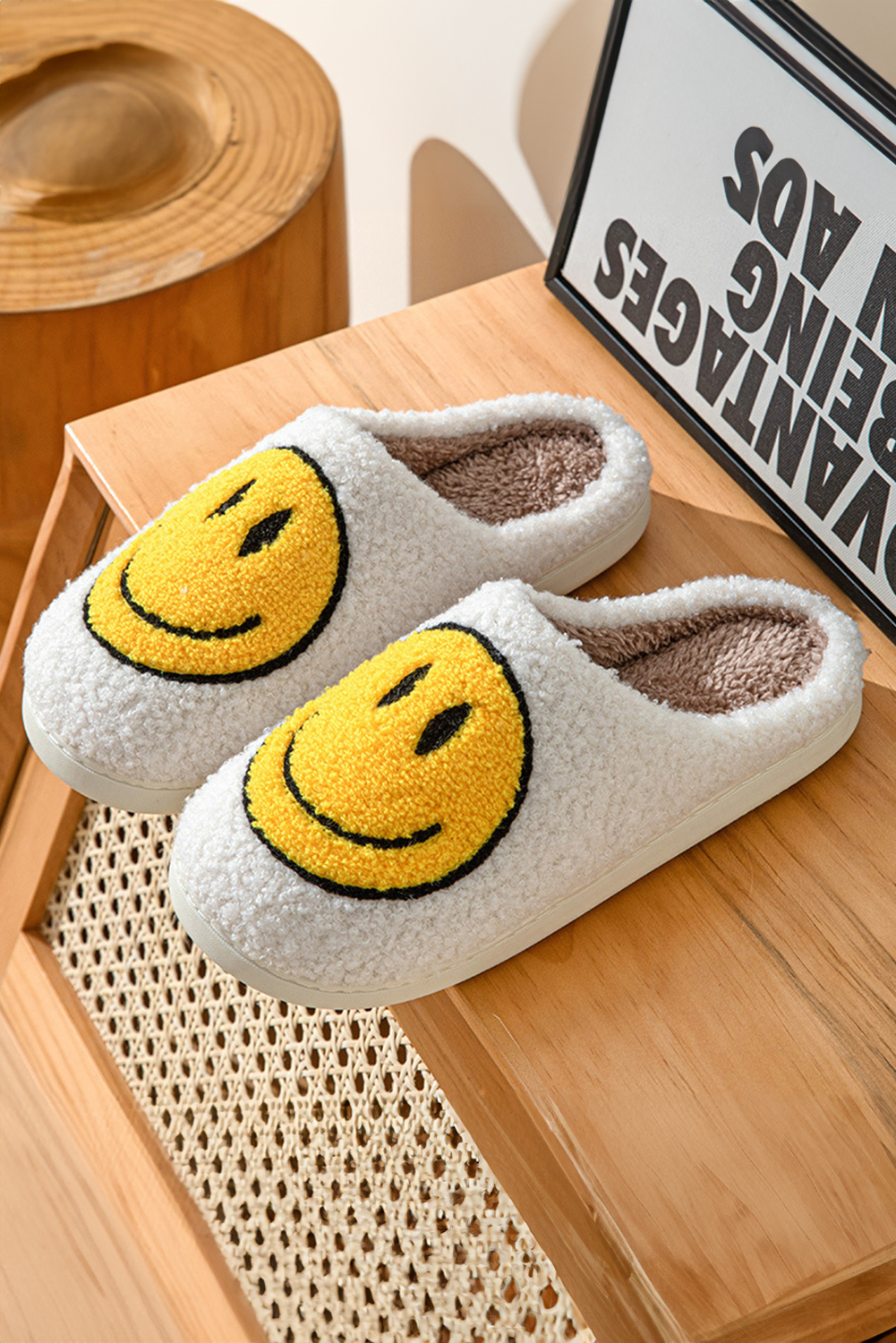 Pink Smile Face Print Non-slip Plush Slippers