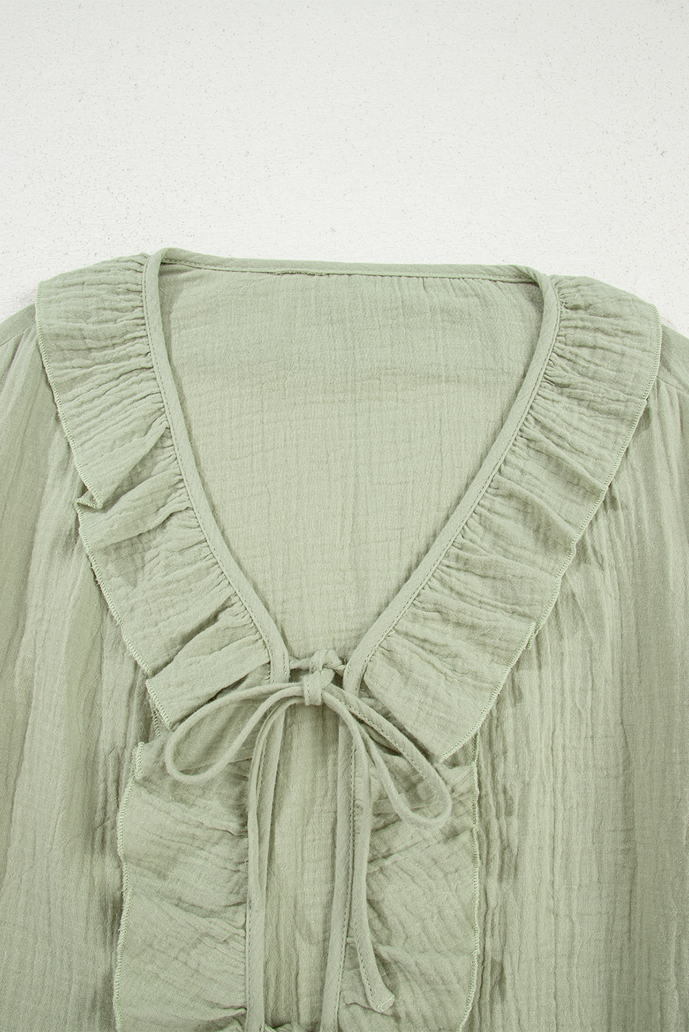 Meadow Mist Green Bow Tie Front Ruffle Trim V Neck Long Sleeve Gauze Blouse