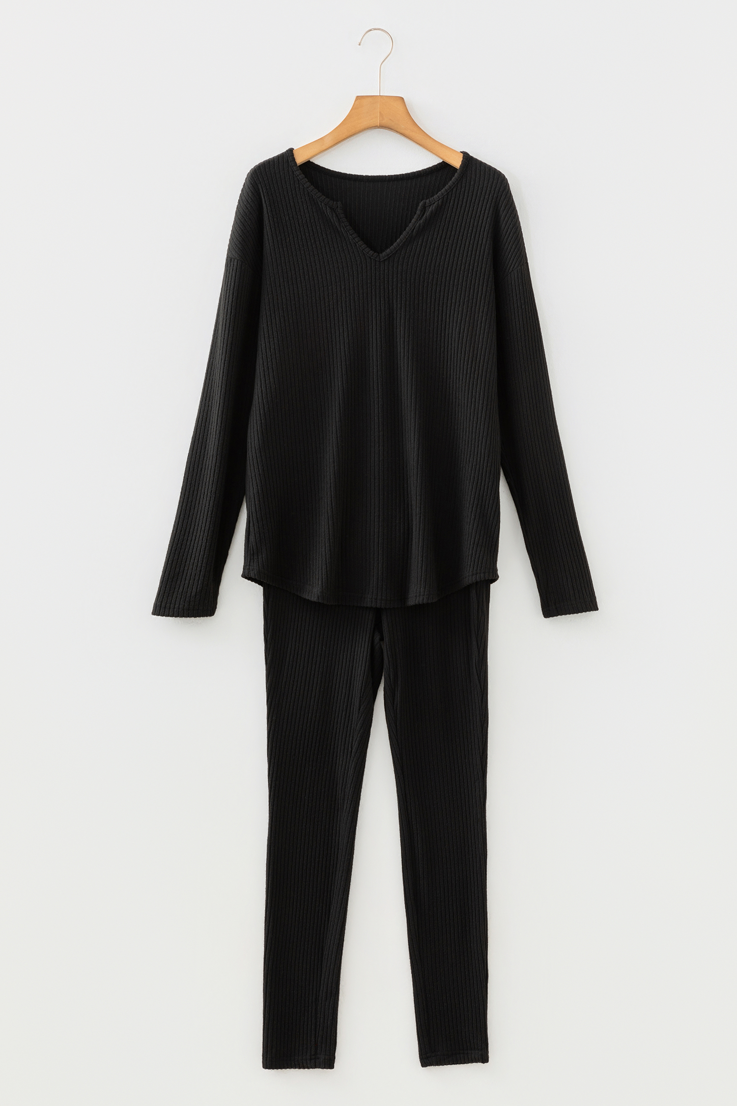 Black Ribbed Notched Neck Knit Long Sleeve Leggings Two Pieces Lounge Set