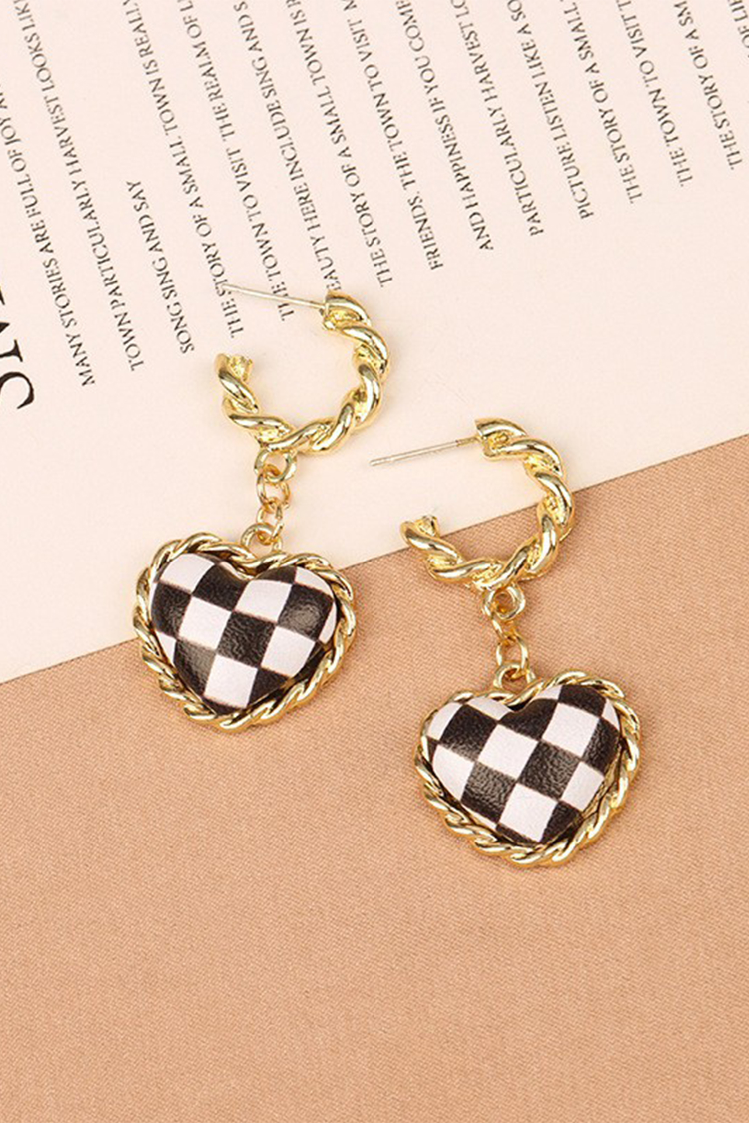 Black Checkered Heart Dangle Gold Plated Twisted Hoop Stud Earrings