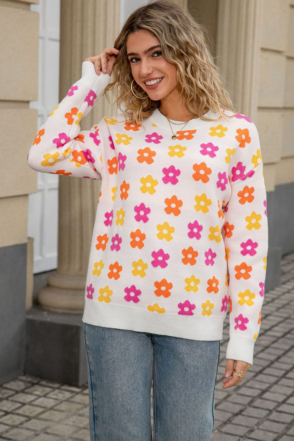 Apricot Cute Flower Allover Ribbed Trimmed Drop Shoulder Pullover Sweater