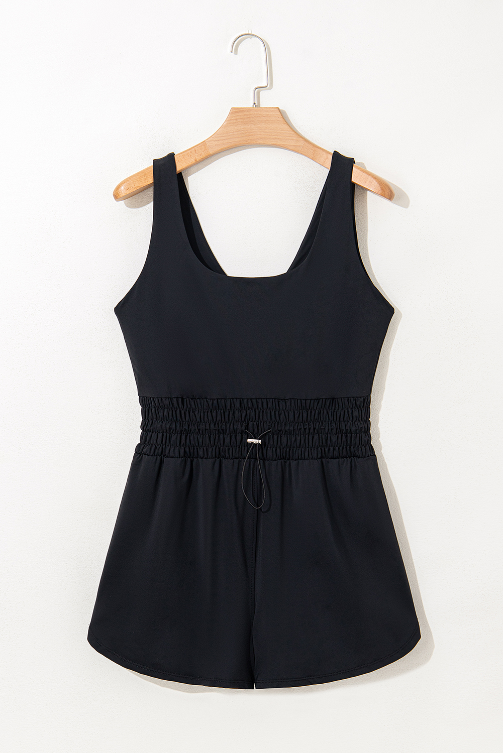 Black Plain Sleeveless Loop Drawstring Cinched Waist Romper