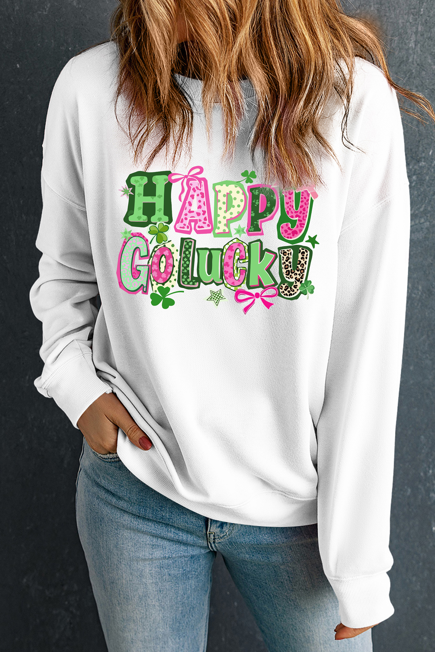 White HAPPY GO LUCKY Playful Letter Print Sweatshirt