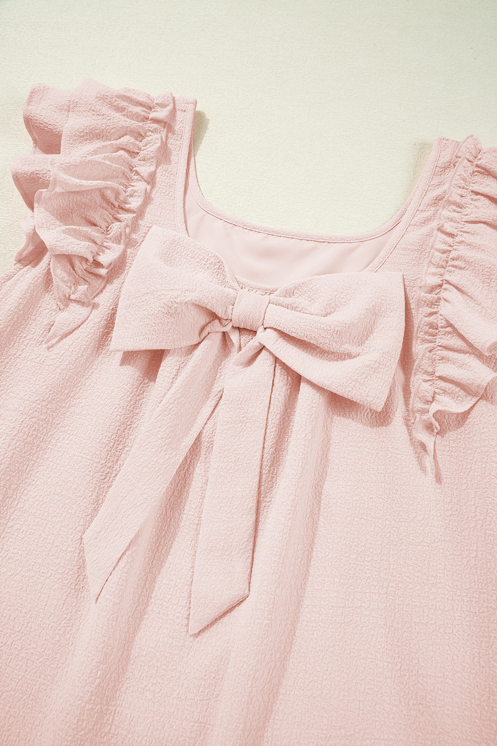 Beau Blue Textured Bow Knot Frilled Butterfly Sleeve Blouse