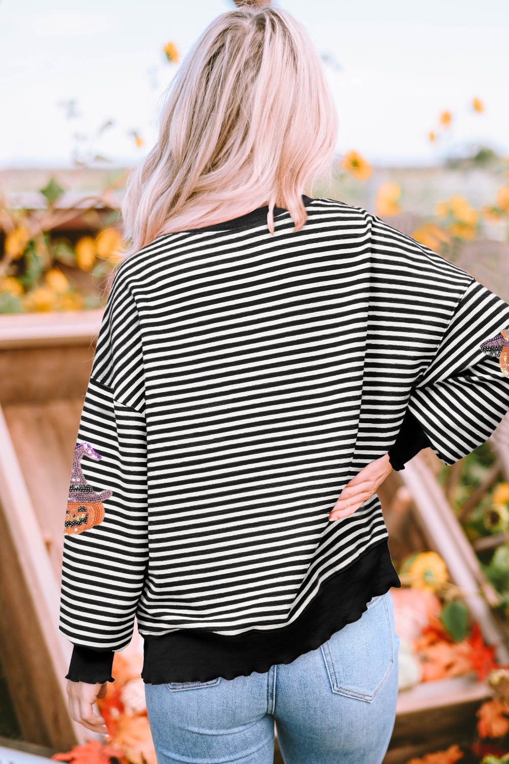Black Stripe Halloween Pumpkin Shimmer Pattern Casual Top
