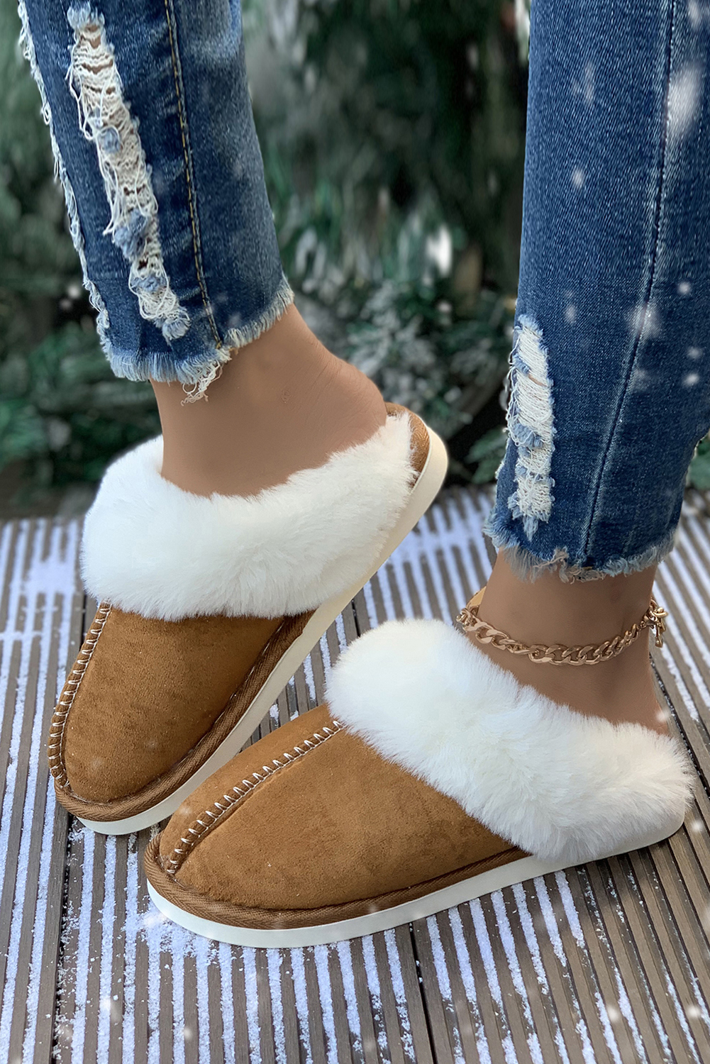 Khaki Cut and Sew Faux Suede Plush Lined Slippers