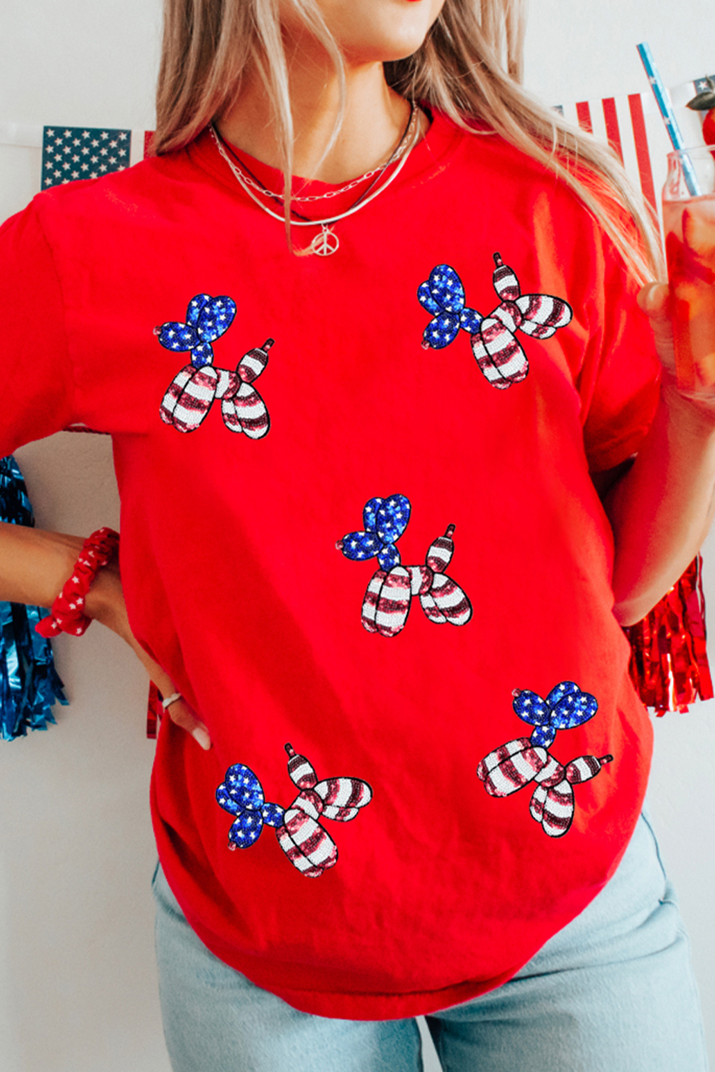 White Sequin Stars and Stripes Balloon Puppy Graphic Crewneck Tee