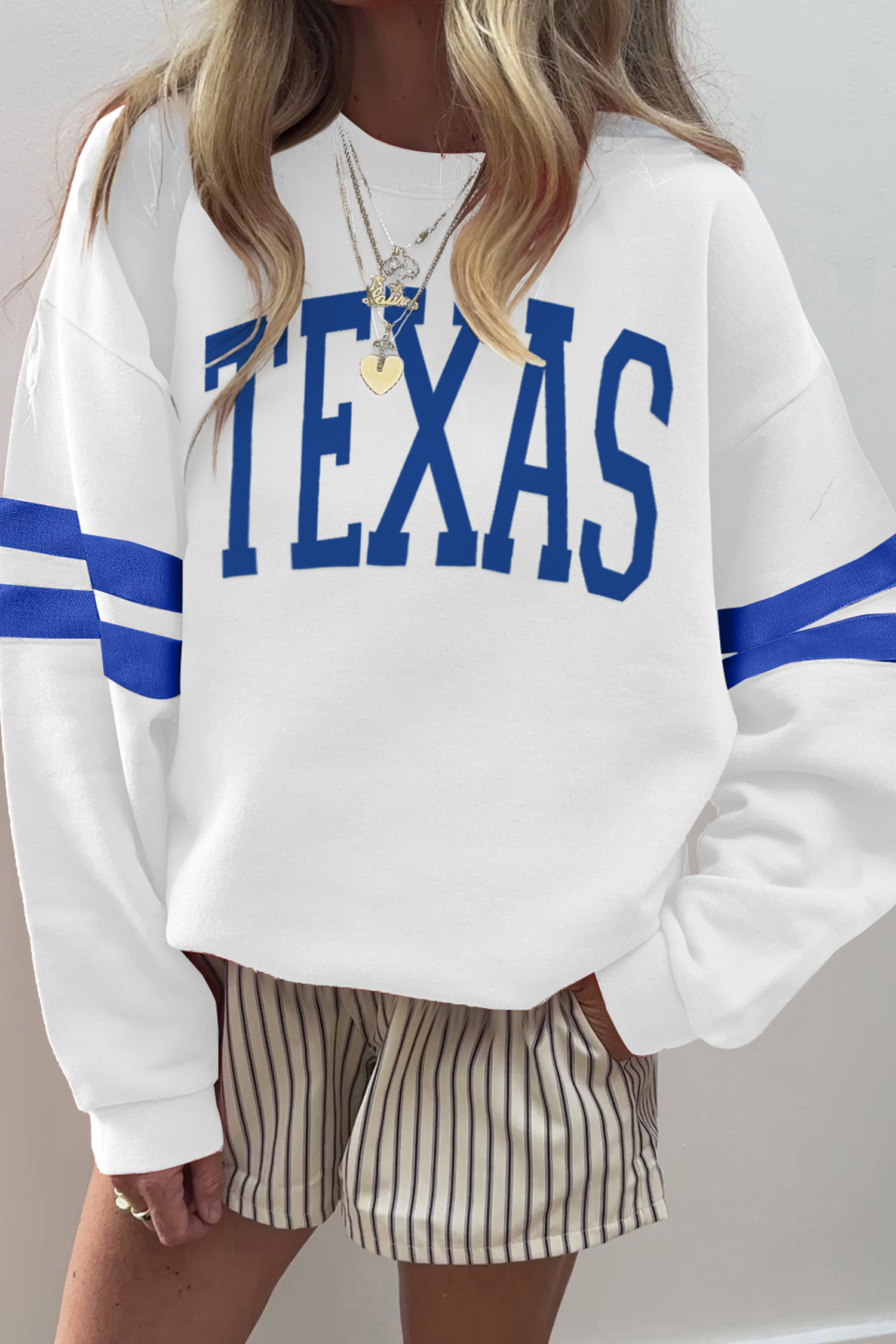White TEXAS Letter Print Varsity Striped Sleeve Casual Sweatshirt