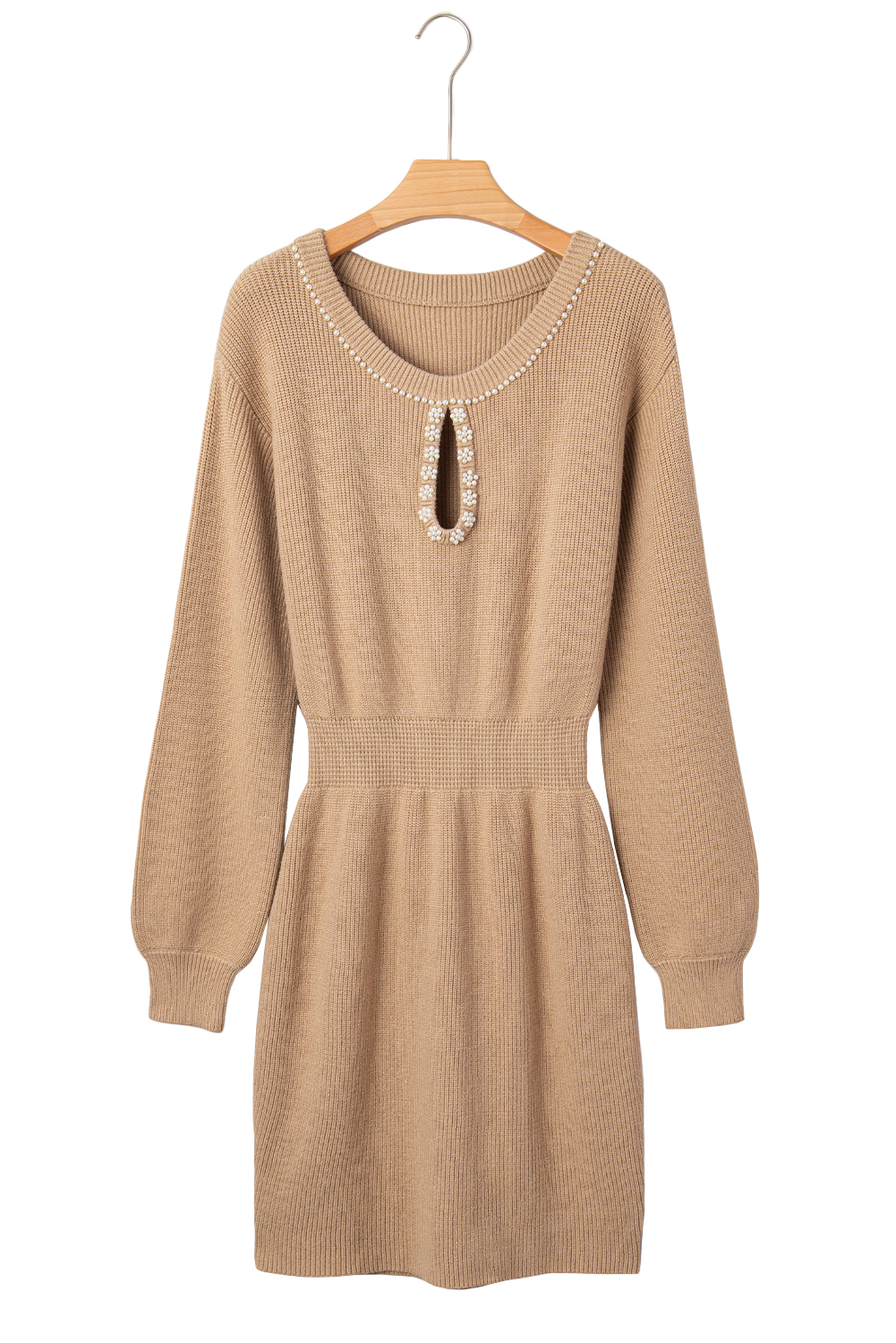 Smoke Gray Pearl Embellished Keyhole Ribbed Sweater Dress