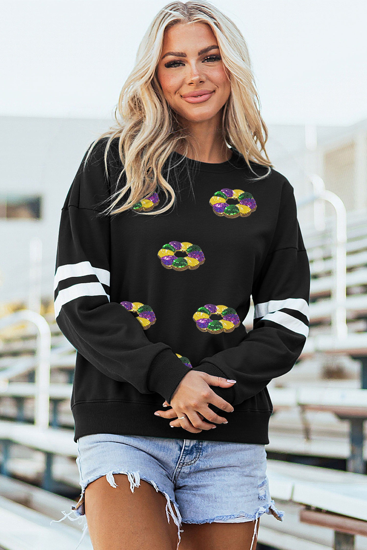 Black Sequin Mardi Crown Dropped Shoulder Varsity Sweatshirt