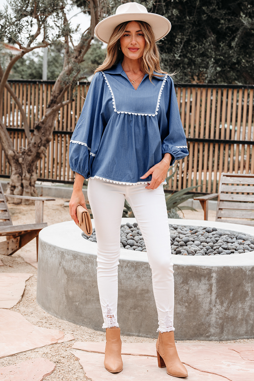 Dusk Blue Lace Ric Rac 3/4 Puff Sleeve Collared Babydoll Blouse