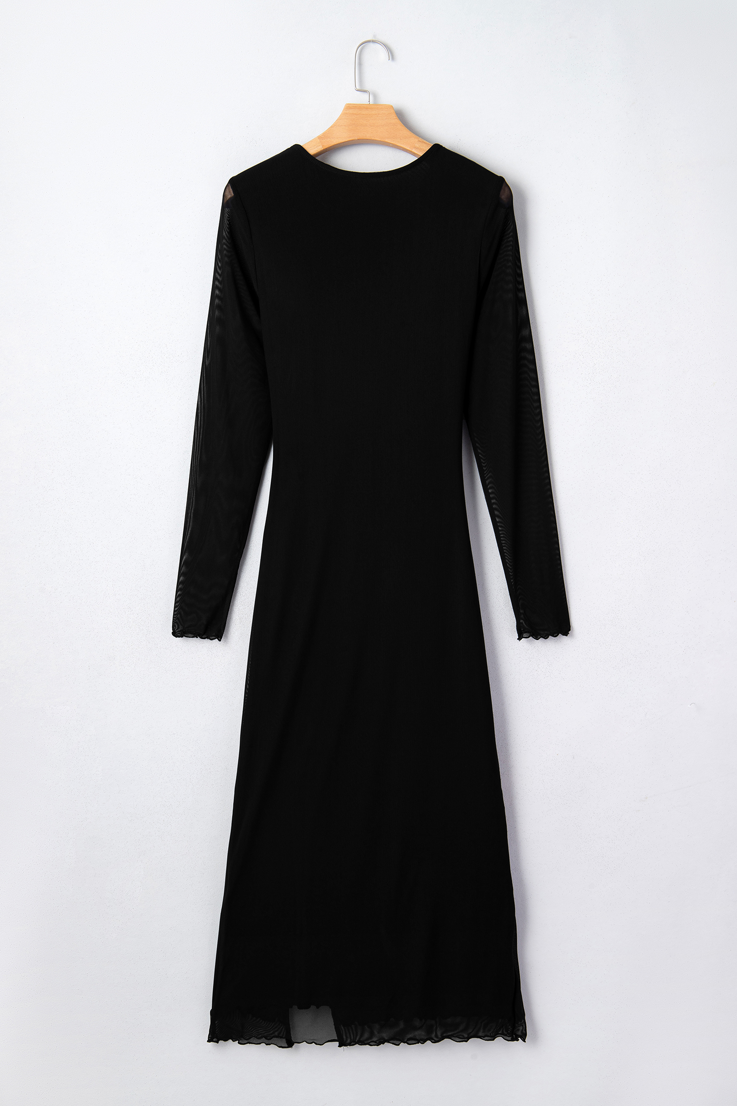 Black Sheer Mesh Long Sleeve Twisted Knot Side Slit Midi Dress
