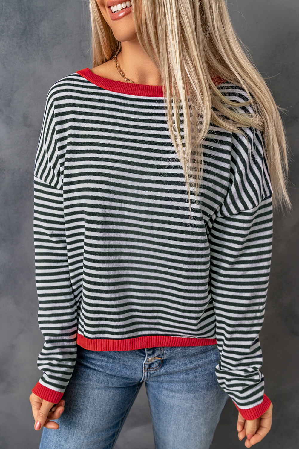 Fiery Red Striped Contrast Trimmed Drop Shoulder Sweater