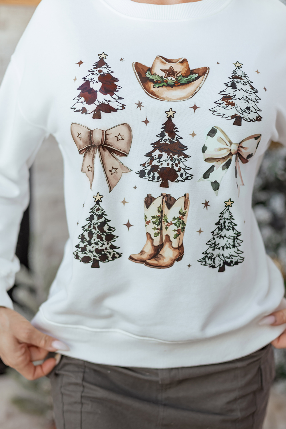 White Cowgirl Bow Christmas Tree Print Drop Shoulder Sweatshirt