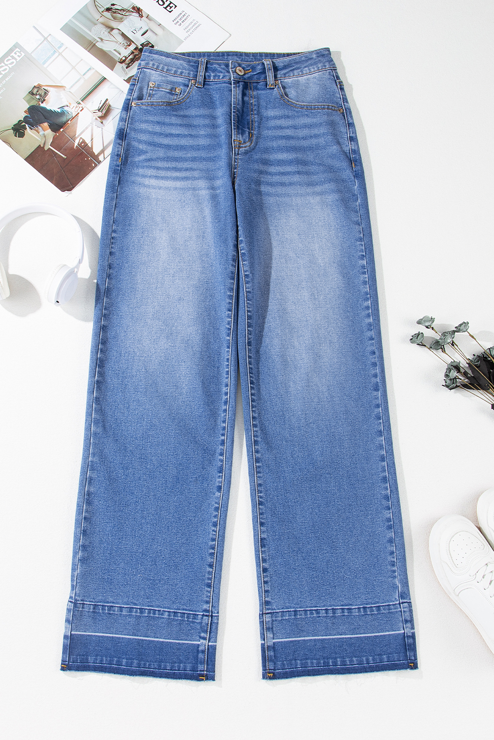 Real Teal Raw Hem Unique Cuffs Straight High Rise Loose Jeans