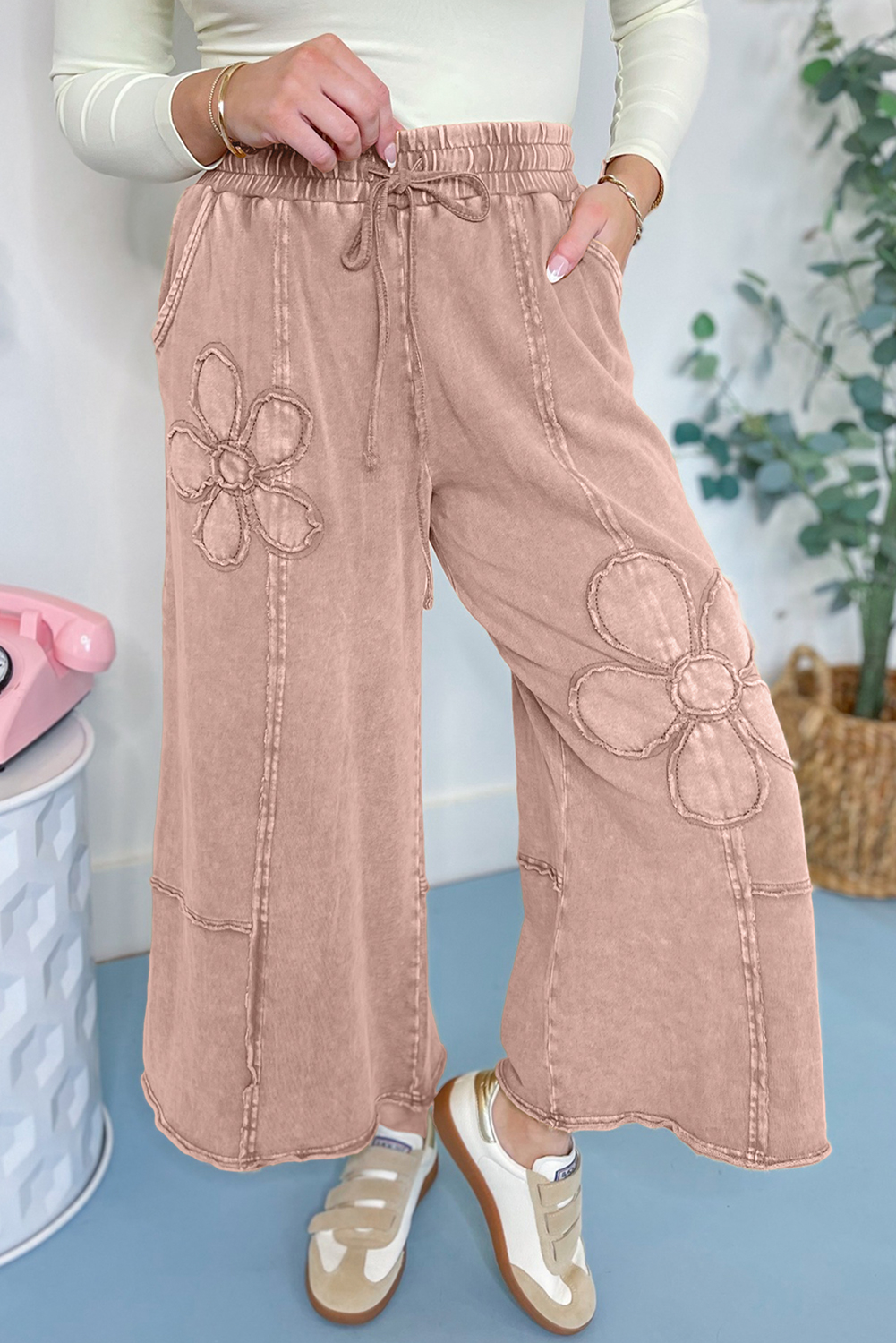 Light Grey Flower Patch Mineral Washed Terry Knit Cropped Wide Leg Pants