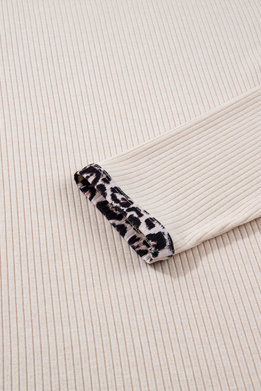 Parchment Ribbed Contrast Leopard Edge Round Neck Plus Knit Top