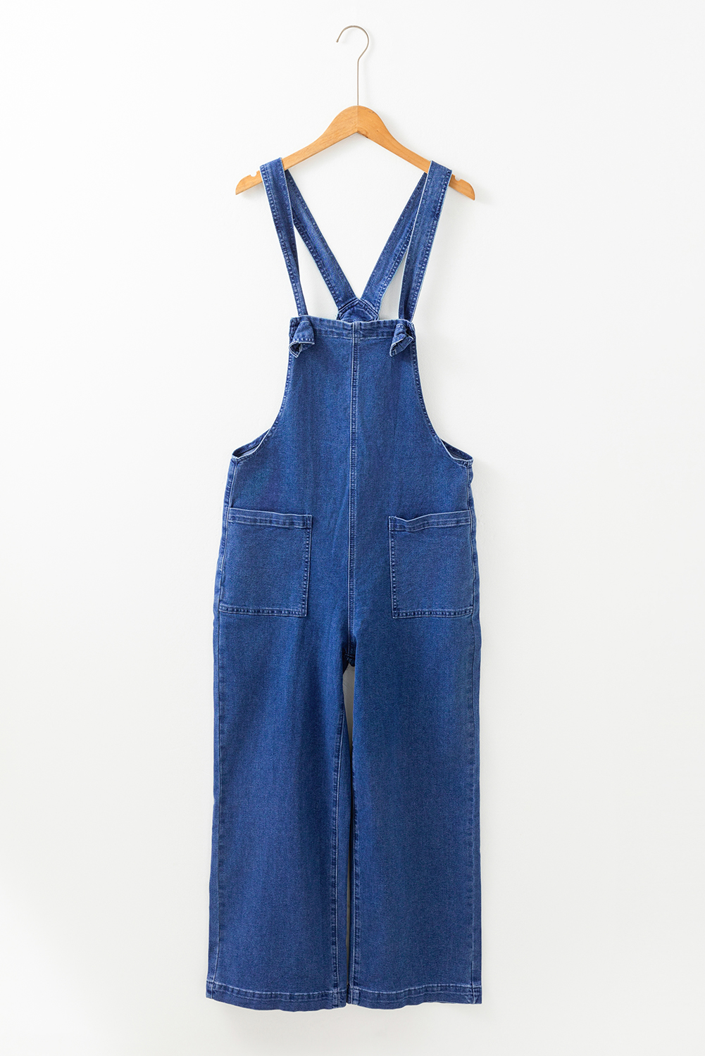 Prussian Blue Mineral Wash Knotted Strap Patched Pocket Wide Leg Denim Overall