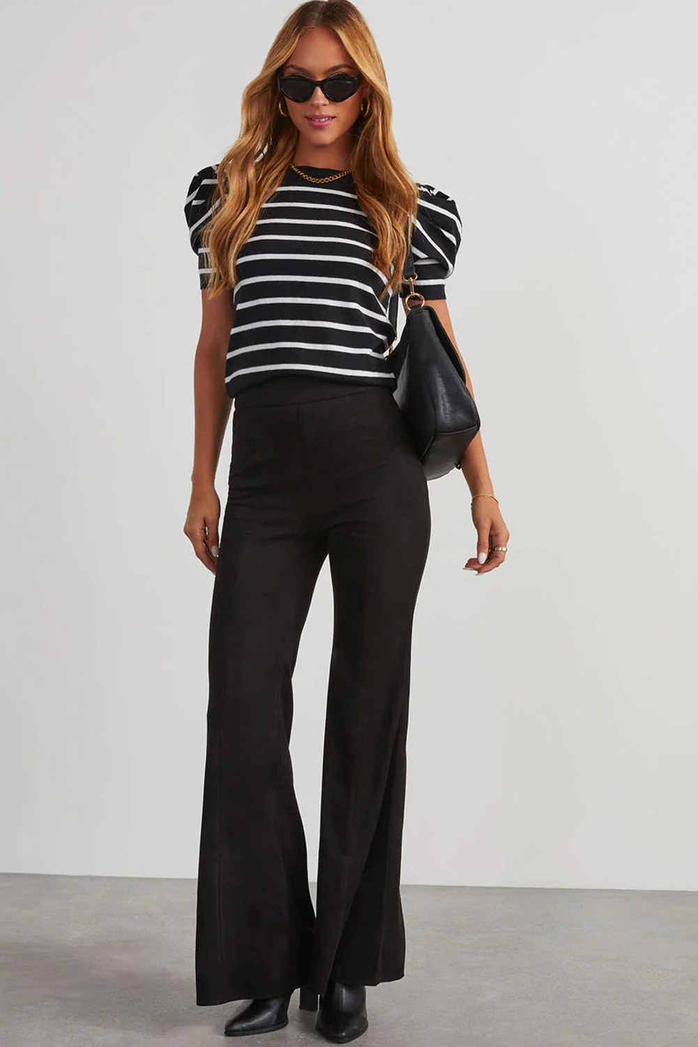 Blue Stripe Ribbed Trim Round Neck Bubble Sleeve Knitted Top