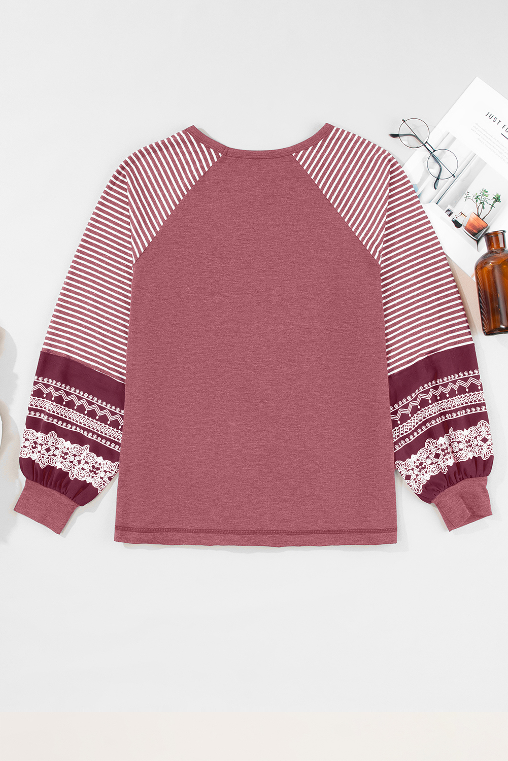 Tillandsia Purple Contrast Print Striped Raglan Long Sleeve Loose Top