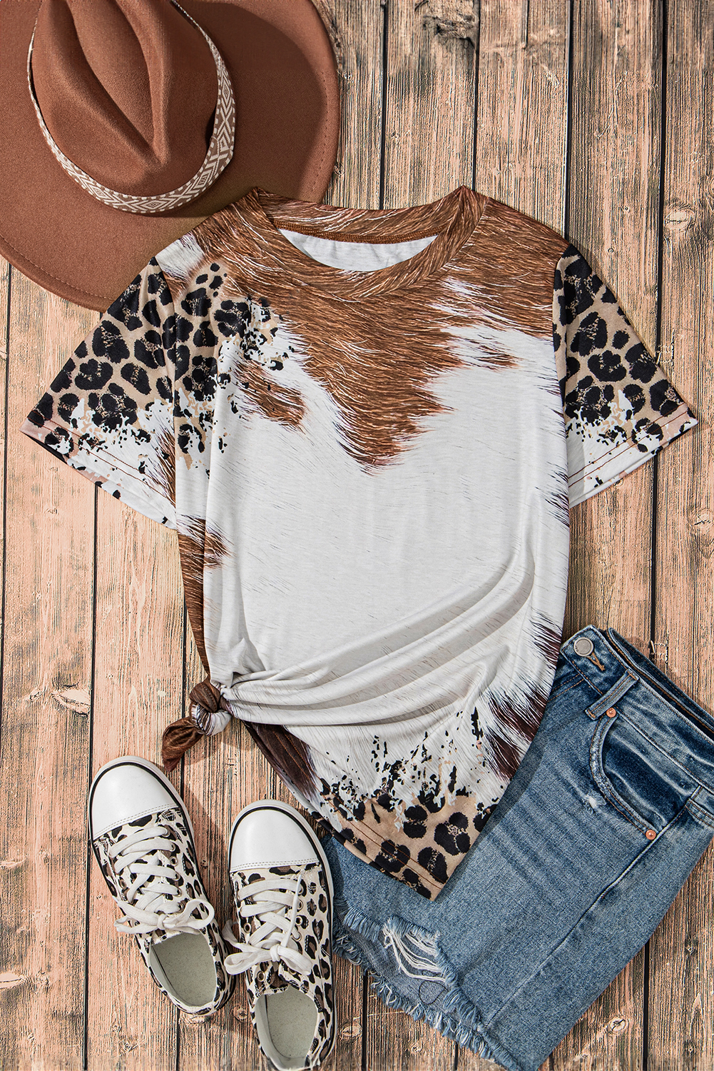 Chestnut Western Leopard Bleached Print Crew Neck T Shirt