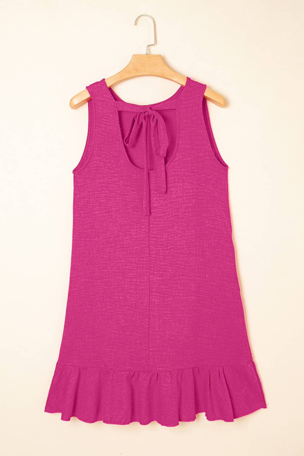 Bright Pink Knot Scoop Back Ruffle Hem Sleeveless Mini Dress