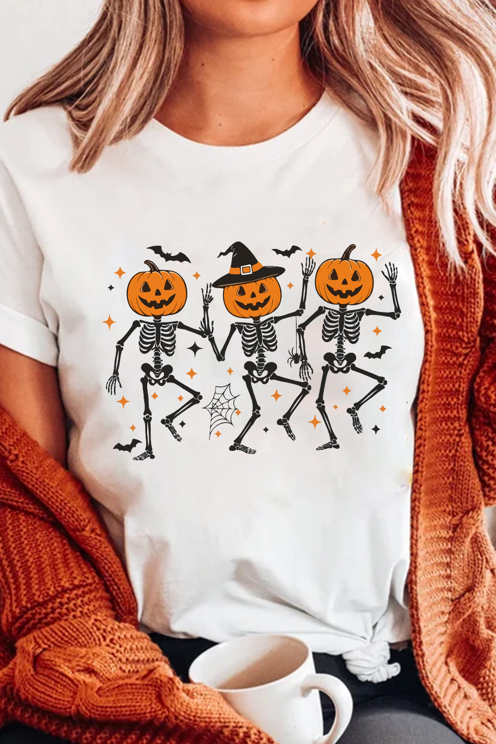 White Halloween Pumpkin Skeleton Graphic Cotton Blend Tee