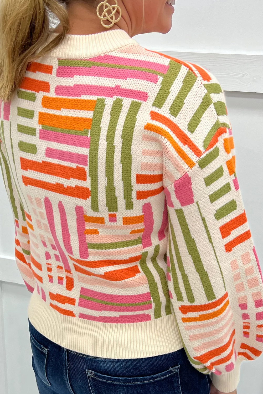 Rose Love Lines Pattern Crew Neck Puff Sleeve Sweater